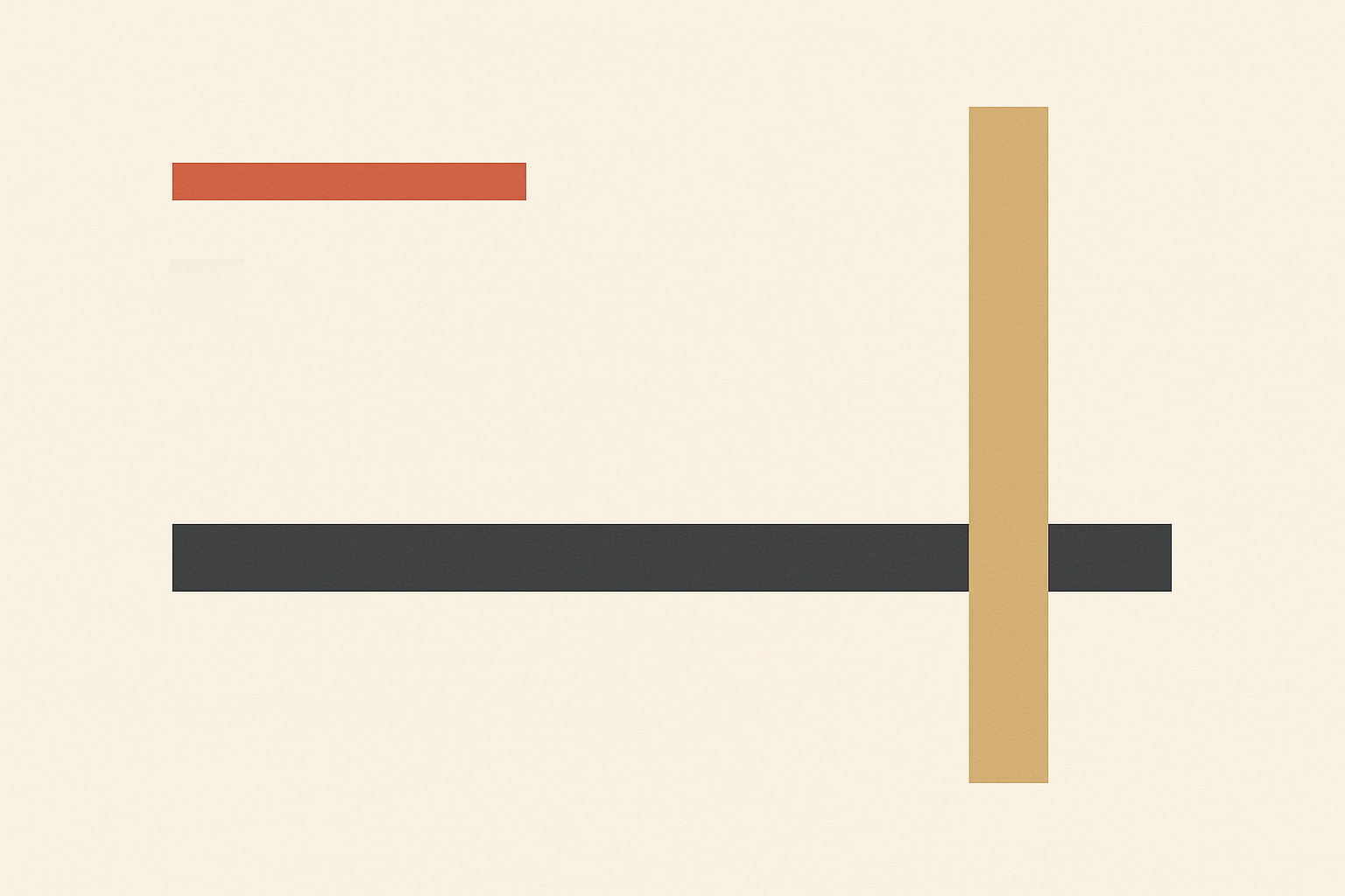 Flat vector diagram on off-white. A short terracotta rule spans only the left third and stops at a blunt edge. Below it a charcoal rule runs nearly the full width. One warm sand vertical bar stands at the right, crossing the charcoal rule and rising past the terracotta level without meeting it.