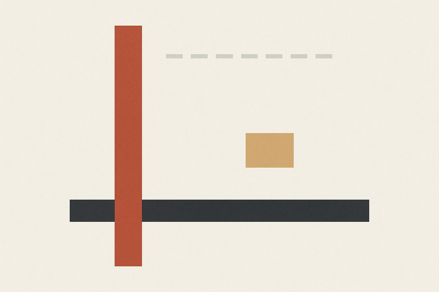 Flat vector diagram on off-white. A solid charcoal rule runs nearly the full width, low in the frame. A pale grey dashed rule sits above it, spanning only the centre. A tall terracotta bar rises from the bottom, crosses the charcoal rule and passes the dashed rule without ever meeting it.