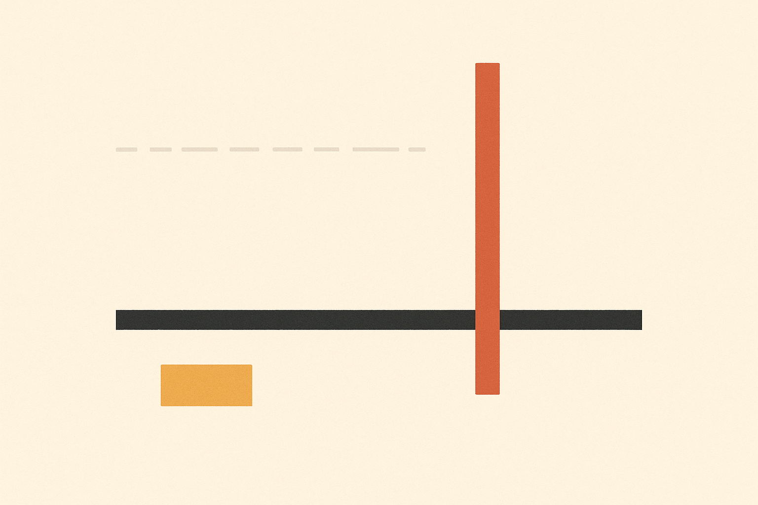 Flat geometric illustration on off-white. A thick charcoal horizontal rule spans most of the width. A narrow terracotta vertical bar at right crosses it and rises well above. A dashed pale grey rule sits higher at left but stops short, never meeting the bar. A small amber rectangle sits low left.