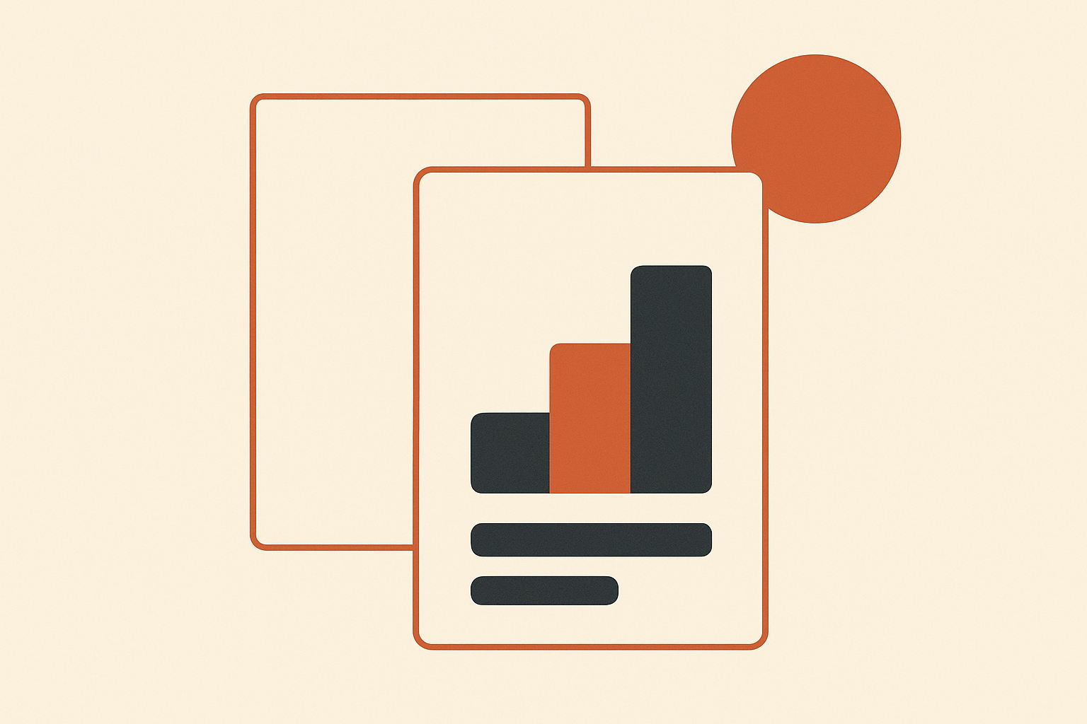 Minimalist editorial illustration of two overlapping document sheets, the front one carrying three thick rising bars in charcoal and terracotta, representing the Free Software Foundation's Form 990 filings and its narrowing deficit across fiscal 2023 to fiscal 2025.