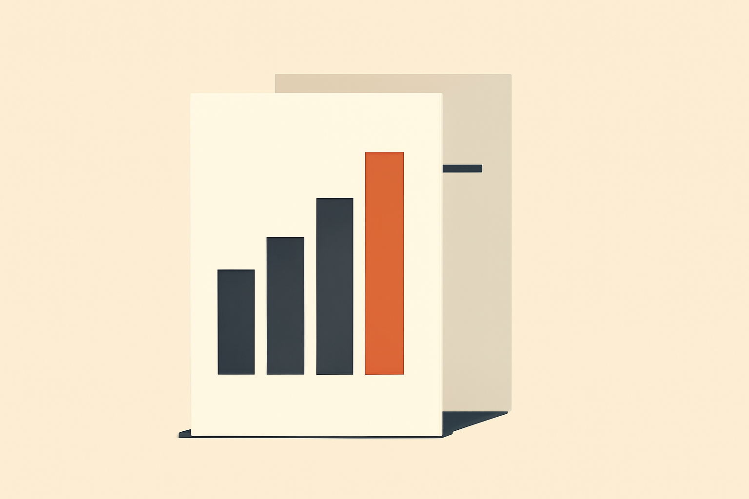 Minimalist editorial illustration of two overlapping portrait document sheets on a cream background. The front sheet carries four thick vertical bars of increasing height, three in charcoal and the tallest in terracotta; the rear sheet carries a short horizontal charcoal rule.