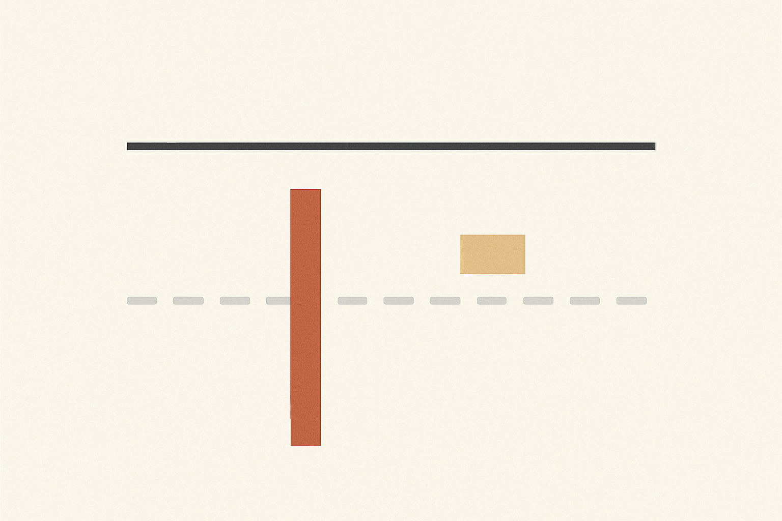 Flat vector artwork: a solid charcoal horizontal rule near the top, a dashed pale grey rule lower down, and a narrow terracotta vertical bar left of centre that crosses the dashed rule but stops well short of the charcoal one, leaving a clear gap. A small warm sand rectangle sits between them.