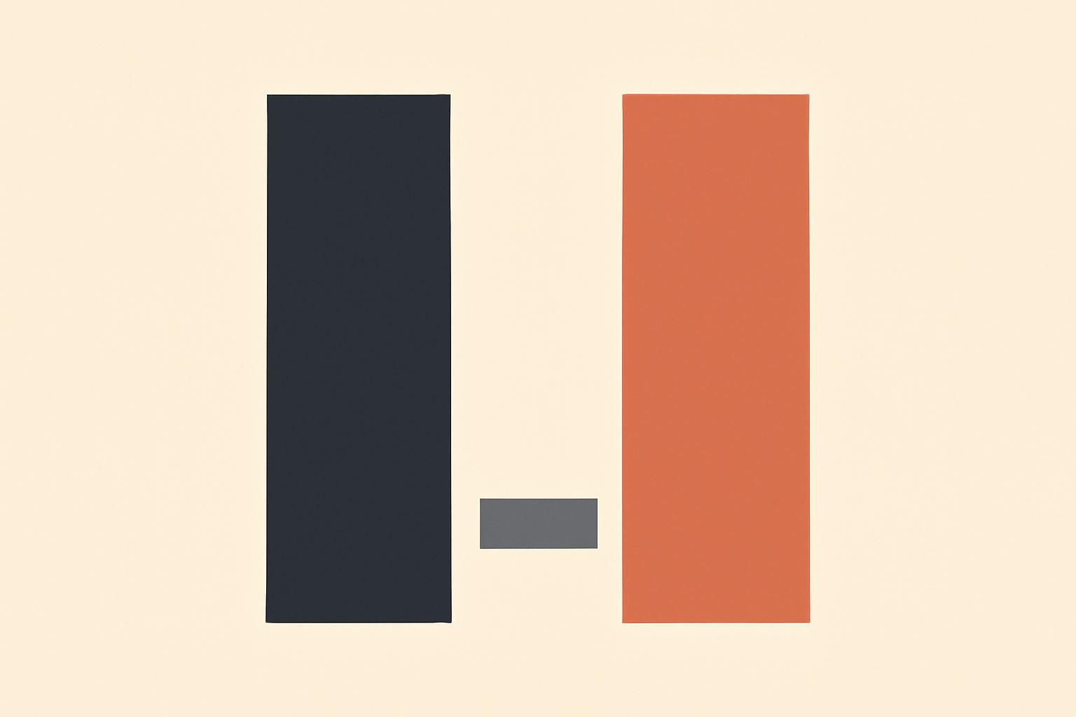 Flat minimalist illustration: a tall dark charcoal rectangle on the left and a tall terracotta rectangle on the right, with a small grey rectangle in the gap between them, on a warm off-white background.