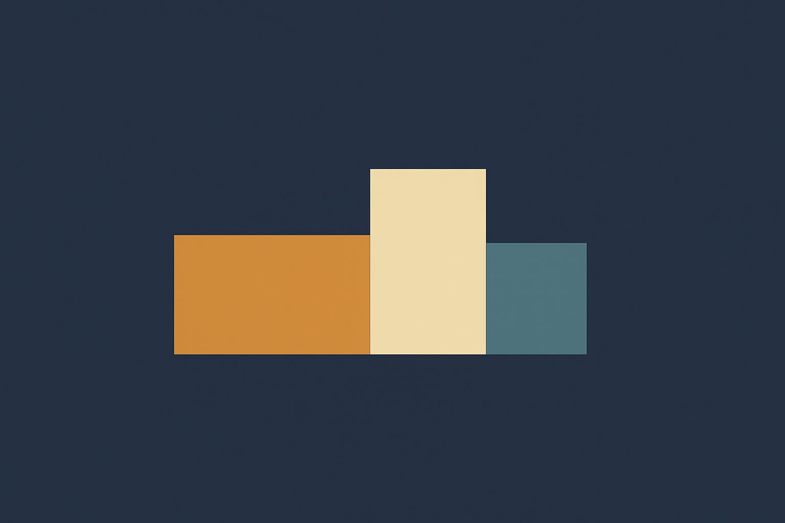 Flat minimalist illustration on a deep navy background showing exactly three solid rectangles in a stepped row: a wide amber block on the left, a taller cream block in the centre, and a smaller teal block on the right.