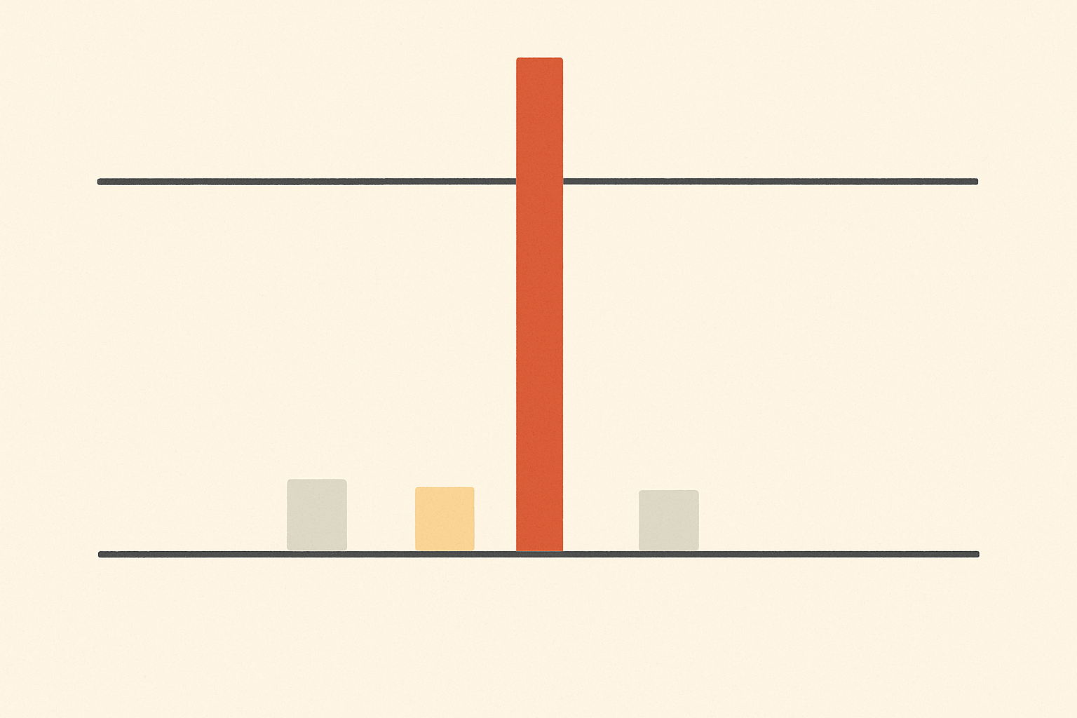 Flat vector illustration on off-white. Two thin charcoal horizontal rules span the width. Three small pale grey and sand squares rest on the lower rule. A narrow terracotta bar rises from below, passes through the lower rule, crosses the empty band and continues past the upper rule.