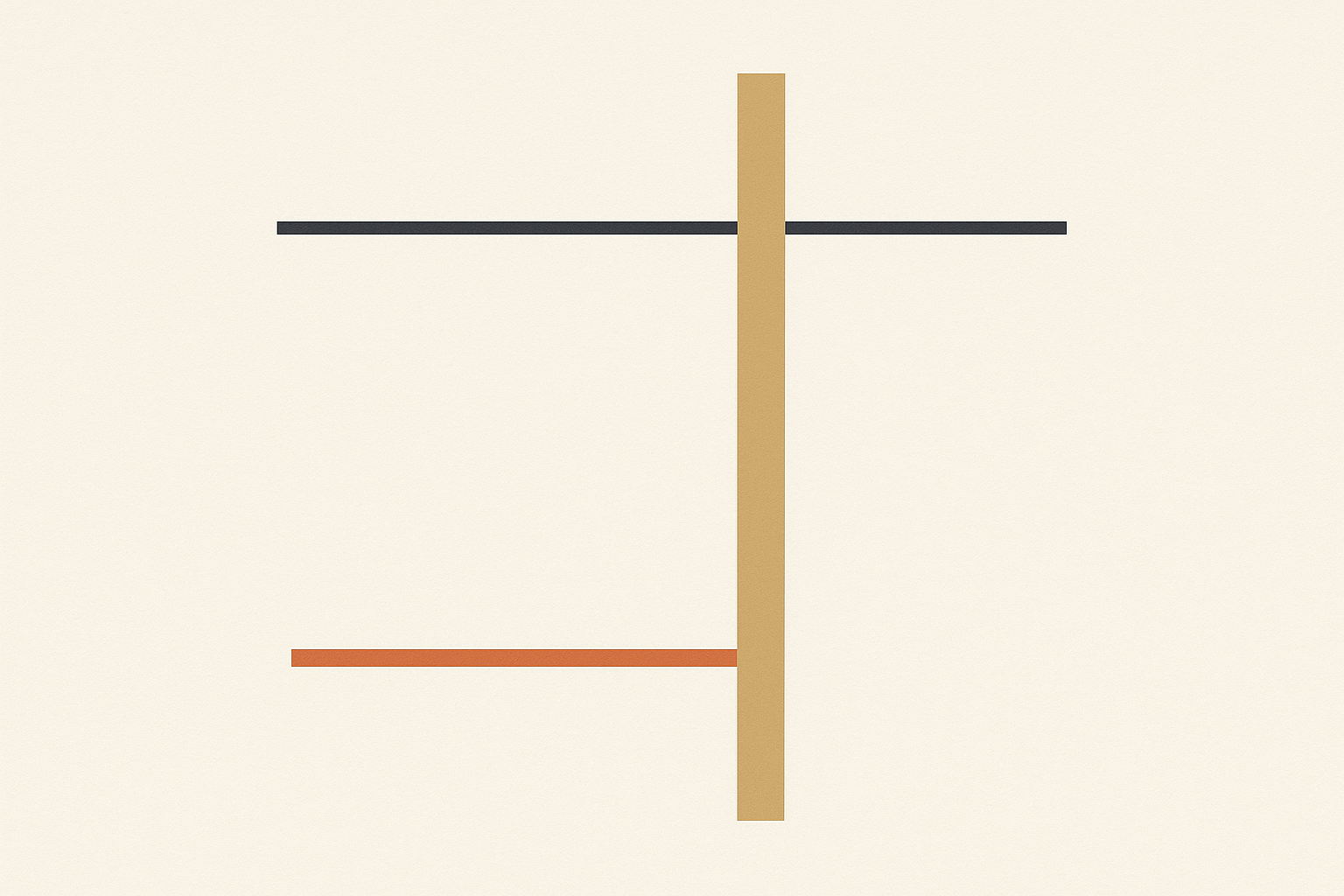 A flat printed diagram on off-white paper. A thin charcoal rule runs unbroken across the full width at the upper third. Below an empty band, a muted terracotta rule covers the left half only and stops at the centre, the right half bare. A narrow warm sand bar stands at the centre.