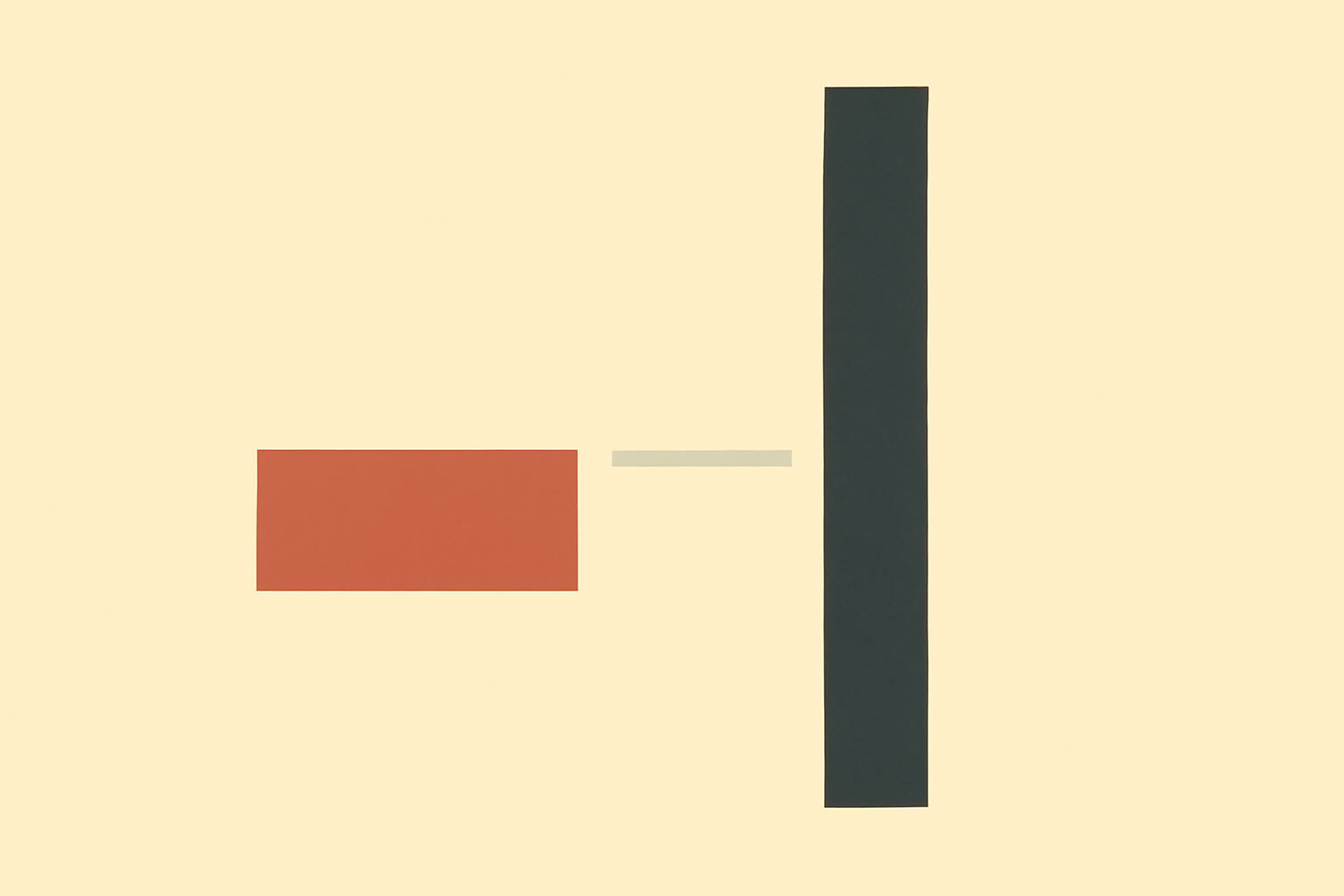 Flat schematic in warm cream: a short wide terracotta rectangle on the left, a thin pale rule, and a much taller charcoal rectangle on the right, representing assets dwarfed by liabilities.